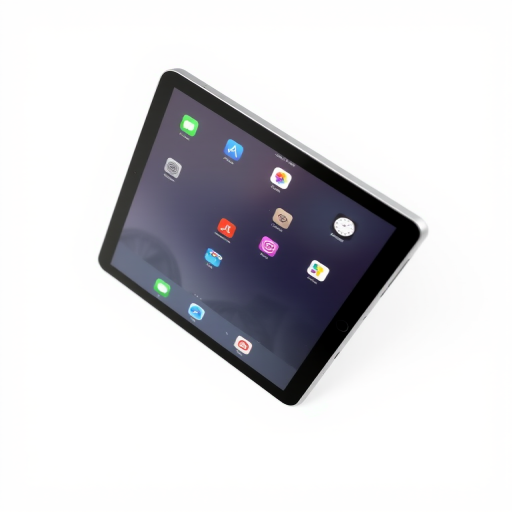 Create a high-resolution image of a black iPad with a home screen featuring app icons, positioned at a slight angle on a white background, use a Canon EOS 5D Mark IV camera, aperture set to f/4, shutter speed at 1/125s, ISO 100, with a softbox light source for even illumination.