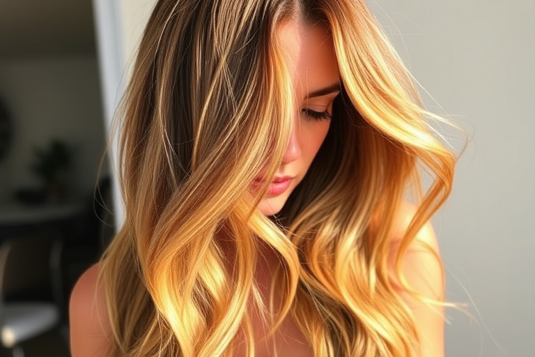 Sun-kissed caramel balayage on long layers, styled in loose beach waves, embodying effortless California cool and laid-back glamour