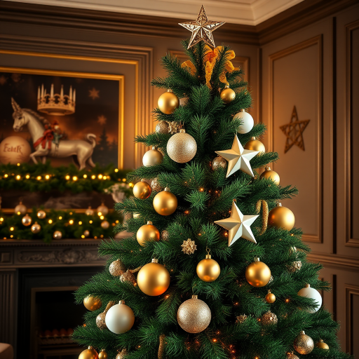 Generate an image of a beautifully decorated Christmas tree in a cozy room. The tree should be lush and green, adorned with golden and white ornaments, including large spherical baubles and stars. The room should have warm lighting, with a decorative fireplace in the background and elegant wall paneling. Add a touch of festive cheer with a star on top of the tree.