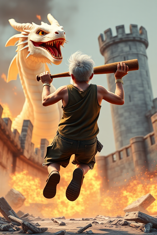 Cartoon 3D High-Resolution,dynamic battle scene using Unreal Engine 5 and Octane Render. The scene features back of an elderly, thai man with a beard,messy hair and round golden-rimmed glasses. He is wearing a tattered tank top with soot marks, shorts, and sandals. sweating. he wields a baseball bat. He jump to fight with a white fire-breathing Europe dragon amidst a partially destroyed stone castle. Include intense flames, smoke, and debris to enhance the dramatic effect.