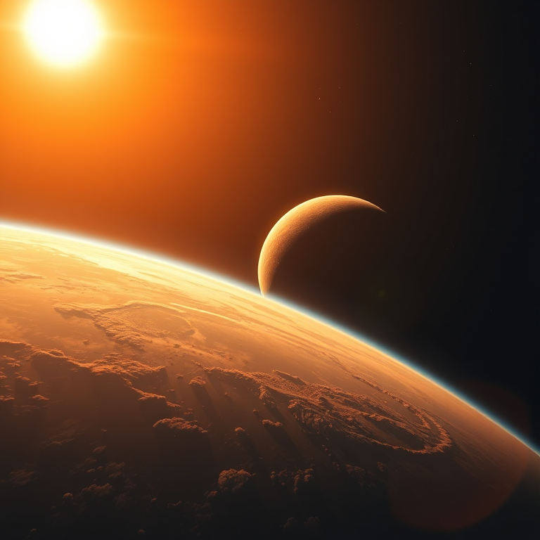 A stunning view of a distant planet with warm orange hues and a bright sun shining in the background, captured with a DSLR camera, 50mm lens, f/2.8 aperture, ISO 100, 1/250 sec shutter speed, wide-angle perspective, high dynamic range for enhanced details in the atmosphere.