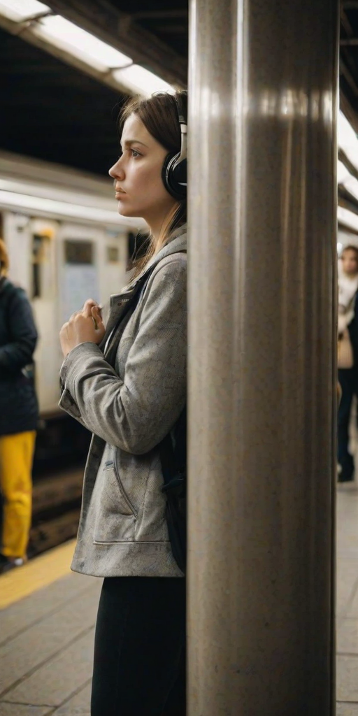 Bustling subway station, the hustle and bustle of commuters rushing past as a woman leans against a pillar, lost in thought, headphones in her ears.