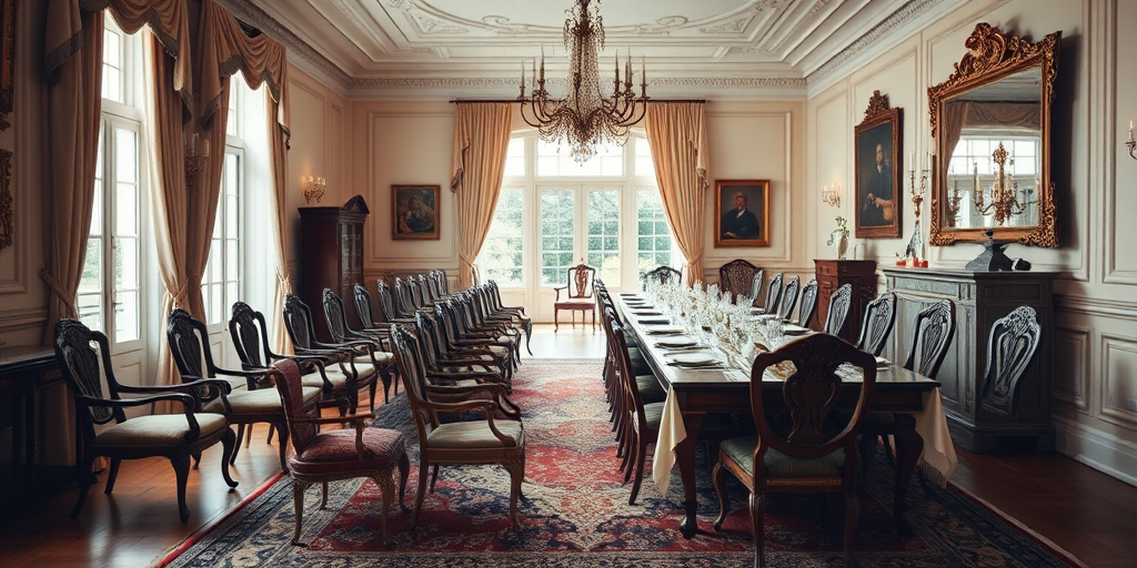 Create an image of an elegant dining room with a long, ornate table set for a meal, featuring various antique chairs, soft natural lighting, a classic rug underneath, shot with a DSLR camera at 50mm f/1.8, ISO 200, aperture priority mode, with a shallow depth of field.