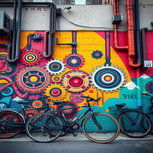 Generate a vibrant urban scene featuring a wall mural with gears and pipes, bicycles parked in front, captured with a DSLR camera at f/2.8 aperture, ISO 200, 24mm lens, shot in natural light from a low angle to enhance depth and detail.