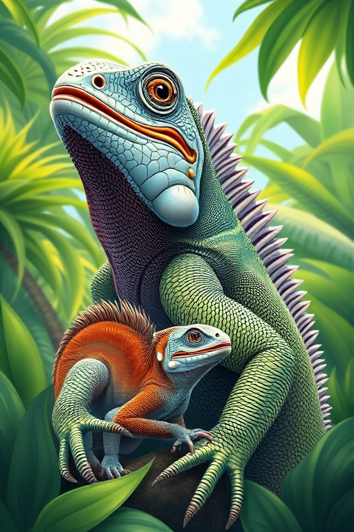 Illustration of a large, detailed iguana with a smaller iguana nestled beside it, vibrant rainforest background with lush green foliage and soft blue sky, camera settings: f/2.8, ISO 100, shutter speed 1/125s, camera view: close-up, camera style: hyper-realistic, camera type: DSLR.