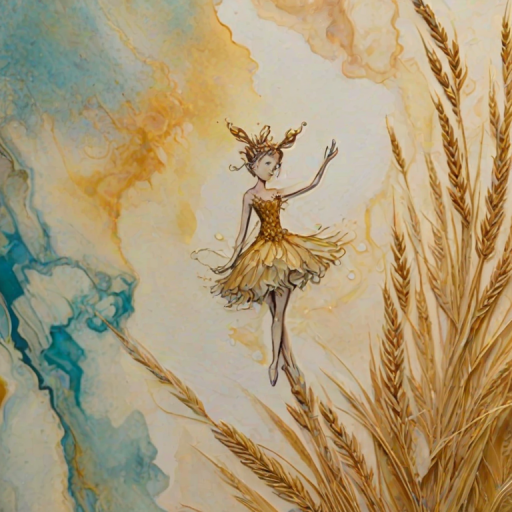 Soft, muted Alcohol Ink with ebru effect background image of tiny whimsical gazalle, who climbed high on the top of a golden rye ear.