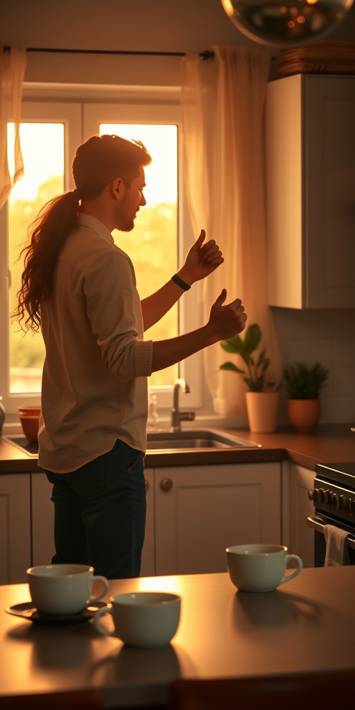 Warm, softly lit image of a couple slow dancing in their kitchen at dawn, soft morning light filtering through the window, with dishes and coffee cups scattered on the countertop and a peaceful atmosphere.