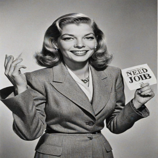 caricature of a smiling Lauren Bacall in a Vivid dress or suit, holding up a sign that says "NEED A JOB", no watermark,