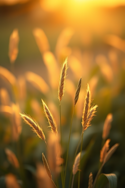 create an image of delicate wheat-like grasses backlit by soft golden sunlight with a shallow depth of field, use a Canon EOS R5 with an 85mm f/1.4 lens at ISO 100 and f/2.8 for enhanced clarity and bokeh in a natural, serene outdoor setting