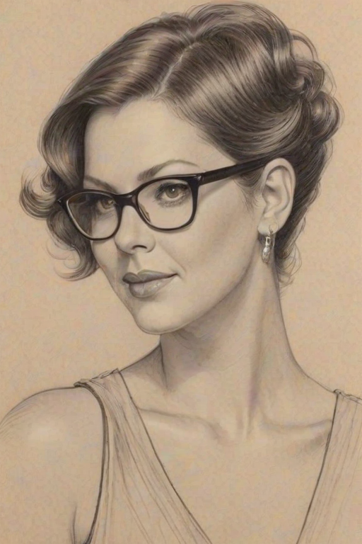 Captivating Marsha Gay Harden, pencil sketch, portrait of Alluring woman 1928s in glasses, hair style beatnik, outline, clear lines, fine lines, 8k