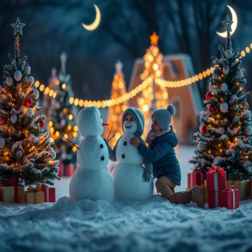 Create a winter scene with two children building a snowman at night, surrounded by decorated Christmas trees, a crescent moon, and presents, using a DSLR camera with a 50mm lens, f/2.8 aperture, ISO 200, and soft bokeh effect for enhanced image quality.