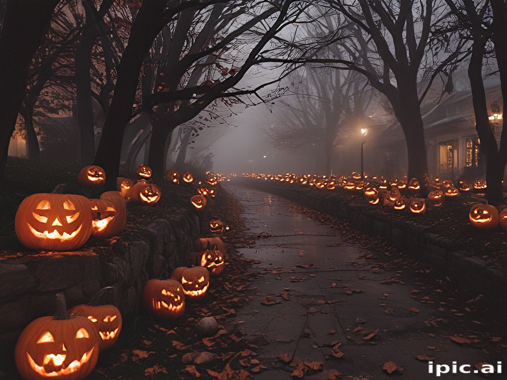 A Spooky Halloween Night with Illuminated Jack-o'-Lanterns Lining the ...