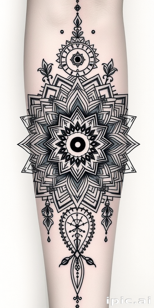 Intricate blackwork tattoo called "Shadow Weave" incorporating delicate geometric patterns and mandala-inspired designs with precise linework and bold negative space elements