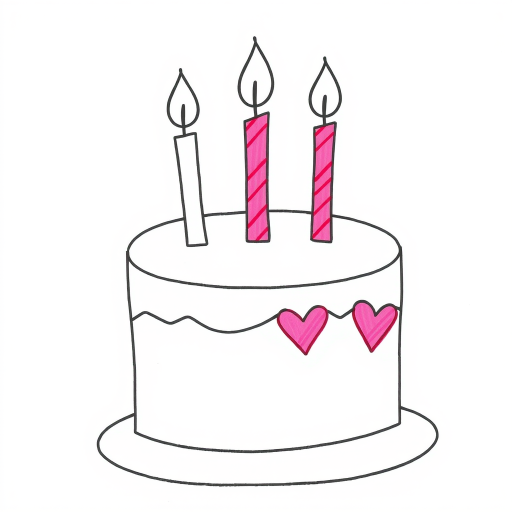Draw a simple birthday cake with three candles on top and pink hearts decorating the sides with a plate underneath the cake.