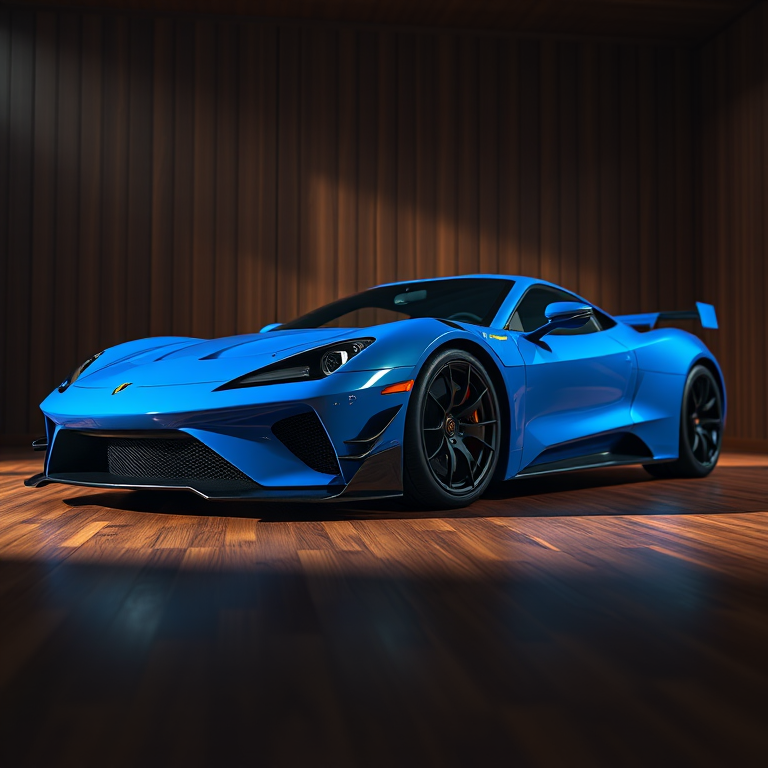 high-resolution 3D render of a blue sports car on a wooden floor with dramatic lighting, 35mm lens, f/2.8 aperture, ISO 100, shot from a low angle, realistic shading and reflections, 3D modeling software