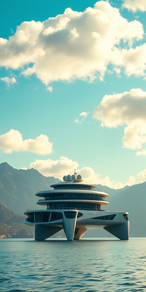 A futuristic floating luxury structure above water with mountains in the background, bright blue sky with fluffy clouds, taken with a DSLR camera at 24mm, f/8, ISO 100, golden hour lighting, wide-angle view for enhanced image quality.