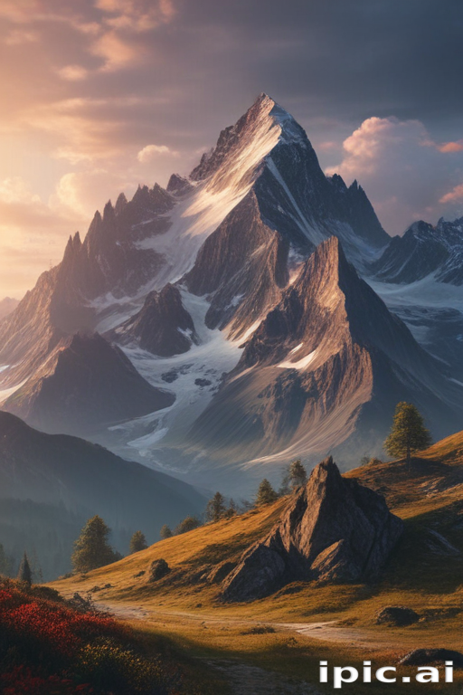 Majestic Mountain Landscape at Sunset with Lush Green Valleys and Peaks.