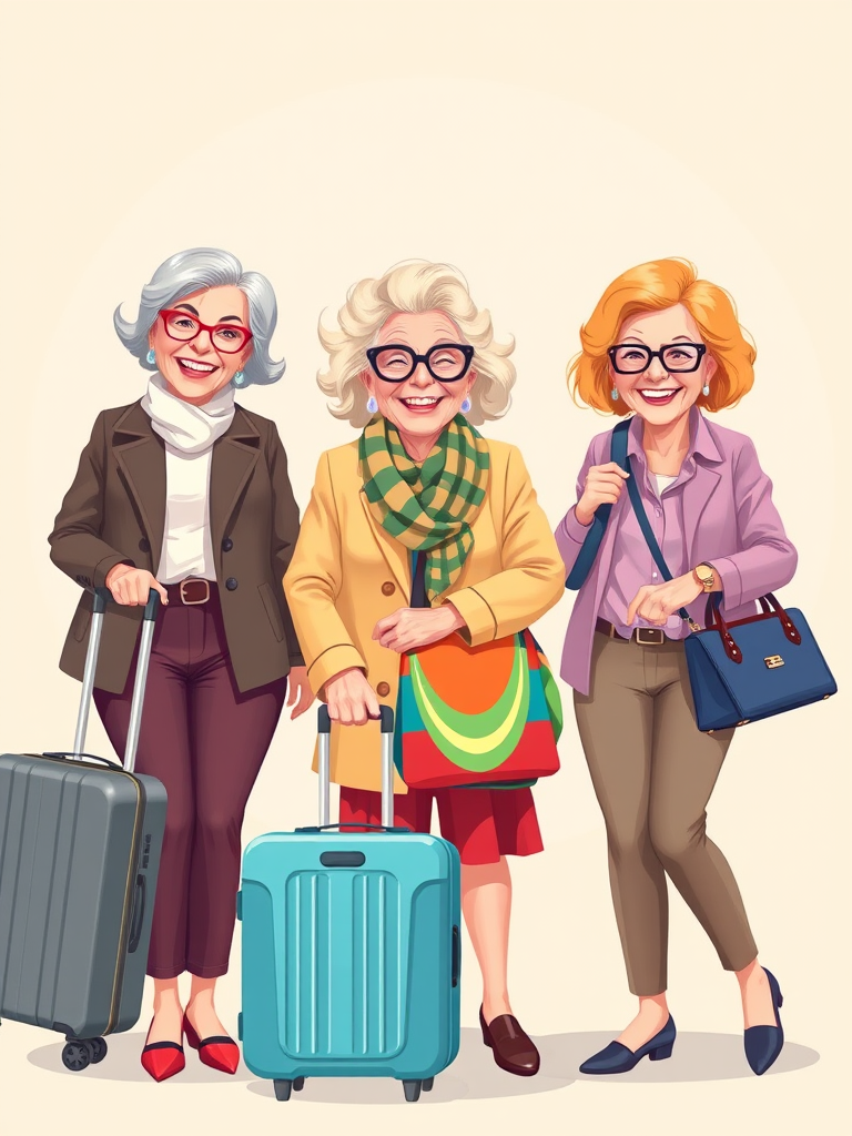 Create a vibrant illustration of three fashionable older women smiling, one with a suitcase, one with a colorful bag, and one with a stylish purse, set against a simple, light-colored background; use a digital art style, with a soft focus effect, and ensure the colors are bright and cheerful.