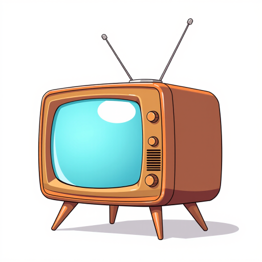 Create a high-resolution illustration of a retro television set with a wooden finish, soft blue screen, and antenna, shot from a slight angle to showcase its three legs, using a DSLR camera with a 50mm lens, f/1.8 aperture, 1/60 shutter speed, and ISO 200 for enhanced clarity and warm colors.