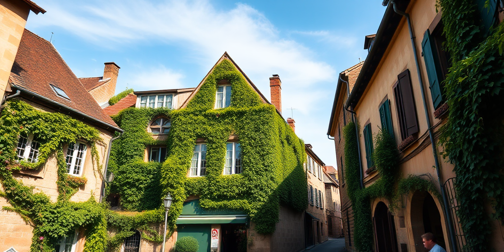 capture a serene street view in a quaint European village with lush ivy-covered buildings under a clear blue sky, use a Canon EOS R5 with a 24-70mm f/2.8 lens, aperture set at f/8 for depth of field, ISO 200 for low noise, and a slight polarizing filter to enhance colors and contrast, focus on the intricate details of the architecture and the greenery, shoot from eye level for a natural perspective