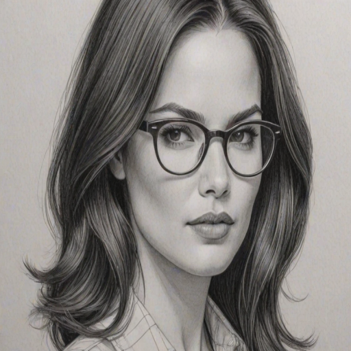 Magnificent Katrina Law, pencil sketch, portrait of Bewitching woman 1969s in glasses, hair style beatnik, outline, clear lines, fine lines, 8k