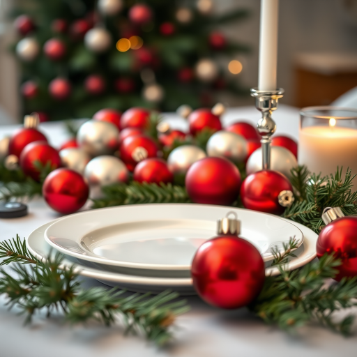 close-up shot of a festive table setting with a white plate surrounded by red and silver Christmas ornaments and pine branches, f/2.8 aperture, 50mm lens, ISO 200, natural light, soft focus background, DSLR camera