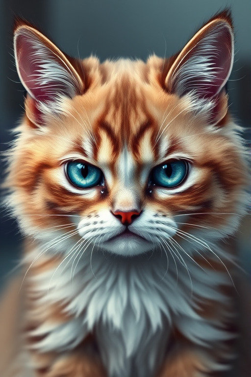 Create a digital illustration of a disgruntled cat with a fluffy coat and piercing blue eyes, using a Canon EOS R5 camera with a 50mm f/1.2 lens, at an aperture of f/2.8, ISO 100, shooting from a frontal view in high dynamic range style with vibrant colors and detailed texture.