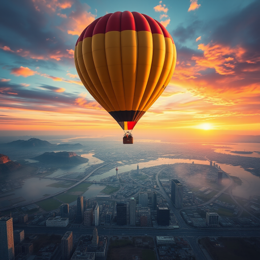 Create a surreal cityscape with a floating hot air balloon above a mirrored skyline and a dramatic sunset, using a 35mm lens at f/8, ISO 100, shutter speed 1/200 sec, high dynamic range photography, landscape orientation, and DSLR camera.