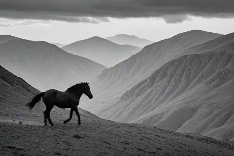 a black horse walking on a hill under a dramatic mountainous landscape in black and white photography