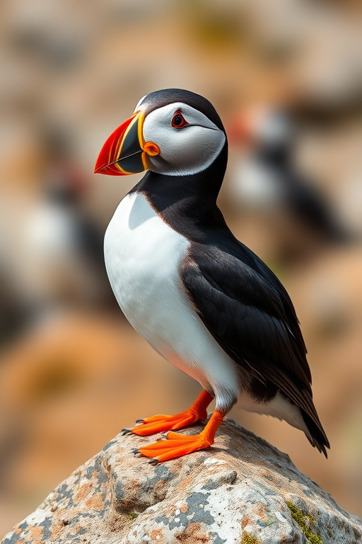 A colorful puffin perched on a rock, vibrant plumage with a detailed background, captured using a DSLR camera at f/4, 1/200s shutter speed, ISO 200, taken from a low angle with a 50mm lens for a sharp focus and soft background blur.