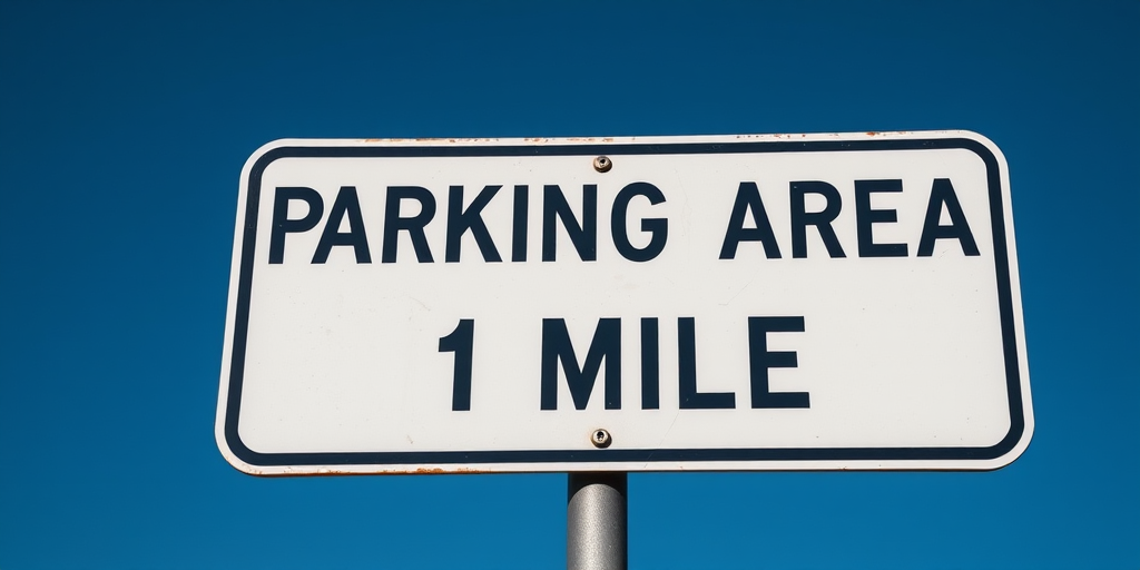 Generate a high-resolution image of a road sign that reads "PARKING AREA 1 MILE" on a blue background, shot with a DSLR camera at f/8 aperture, ISO 200, using a 50mm lens, in a landscape orientation to enhance clarity and detail.