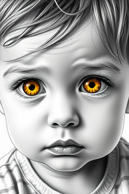 A hyperdetailed photorealistic black and white sketch of a beautiful toddler with deep Yellow eyes, with a macro focus