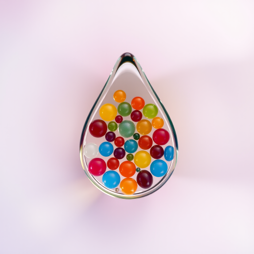Create an abstract image of a colorful drop shape filled with smaller teardrop shapes in various colors, using a macro lens with f/2.8 aperture, ISO 100, 1/200 sec shutter speed, shot from a top-down view to enhance detail and clarity.