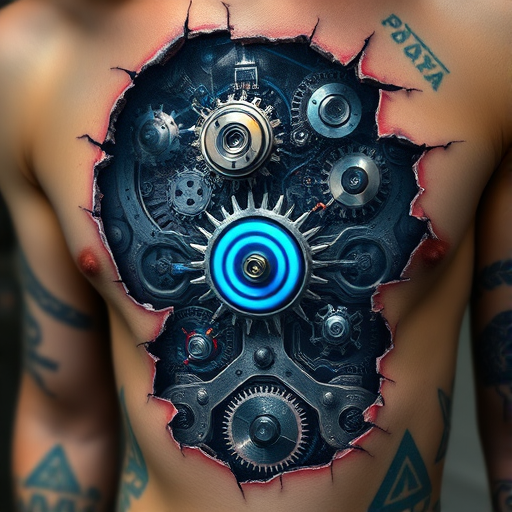 Biomechanical tattoo revealing cybernetic components beneath torn skin, metallic gears and circuits intertwined with organic matter, holographic accents in electric blue and chrome