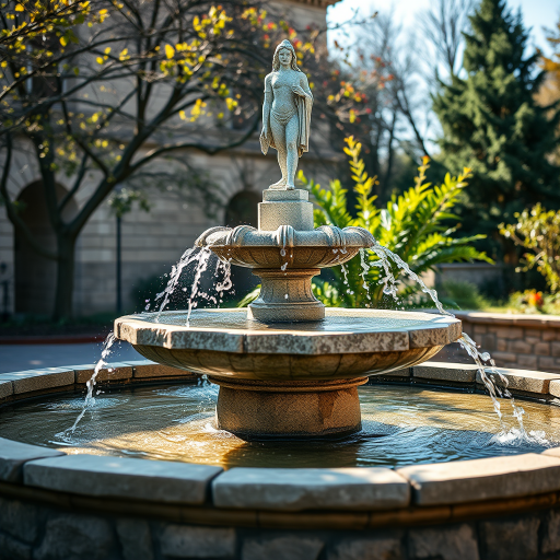 Create an image of a stone fountain with a figure on top, using a DSLR camera, 50mm lens, aperture f/1.8, ISO 100, natural lighting, and a slight low-angle view to enhance details and depth.