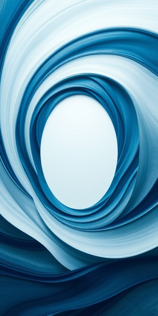 Create an abstract image of an oval shape surrounded by swirling lines in varying shades of blue and white, with a focus on texture, shot with a Canon EOS R5, 50mm lens, f/1.8 aperture, ISO 100, at a slight overhead angle to emphasize depth.