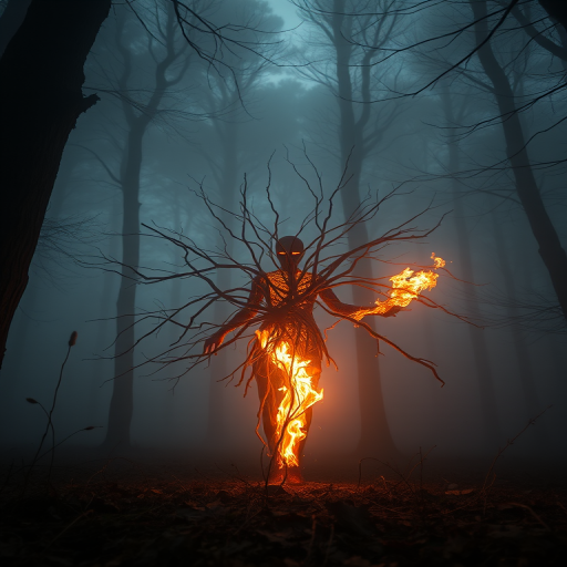 Create a dark fantasy scene in a misty forest with a glowing figure made of branches and fire, using a full-frame DSLR camera, f/2.8 aperture, 24mm lens, ISO 400, long exposure, low angle view, and soft focus to enhance depth and atmosphere.