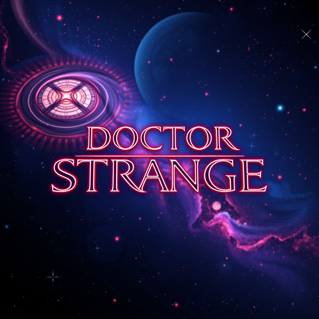 Create a vibrant digital artwork featuring the title "Doctor Strange" in a futuristic neon font, set against a cosmic background with swirling galaxies and star clusters, captured with a high-resolution camera at f/2.8, 24mm focal length, ISO 100, in a wide-angle view, using a DSLR camera in a vivid color style.
