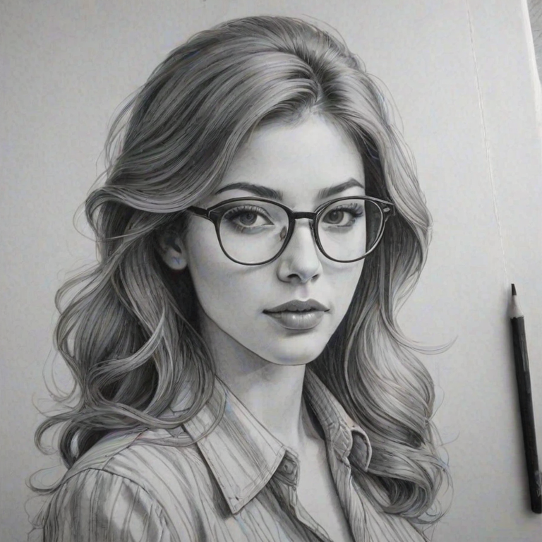 Fascinating Elena Satine, pencil sketch, portrait of Charming woman 1978s in glasses, hair style beatnik, outline, clear lines, fine lines, 8k