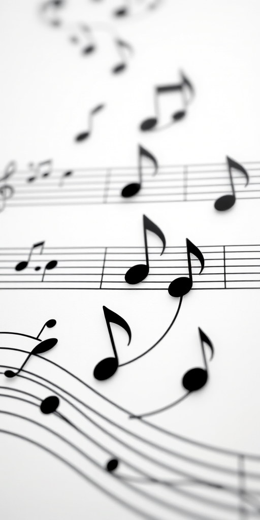 Create a high-resolution image of a flowing musical staff with varying notes in black on a white background, using a Canon EOS R5 camera, 50mm lens, aperture set to f/1.8, ISO 100, and a soft focus style for a crisp look.