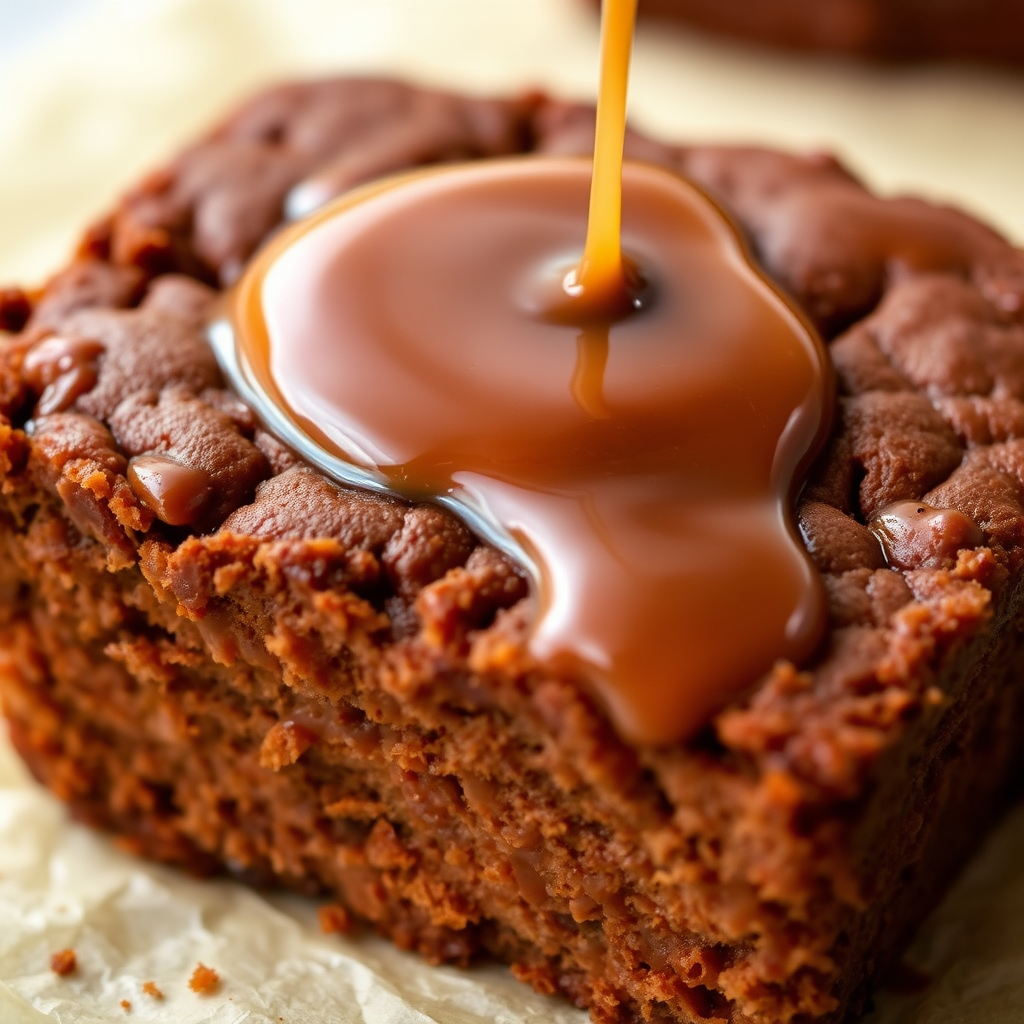 A close-up of a slice of moist gingerbread cake with a glossy caramel sauce drizzled on top, showcasing rich brown and amber tones, with a soft and crumbly texture, placed on a light parchment background.