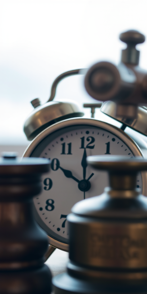 Create a close-up image of a vintage alarm clock with a coffee grinder in the foreground, using a DSLR camera, 50mm lens, f/2.8 aperture, ISO 200, natural lighting, shallow depth of field for a soft background blur.