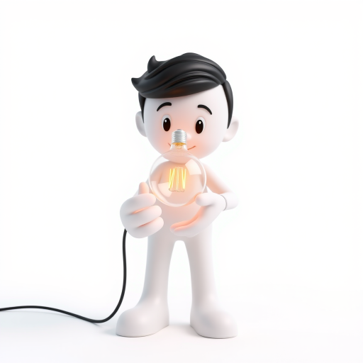 3D character holding a light bulb in a bright, minimalistic setting, taken with a Canon EOS R5, 50mm lens, f/2.8 aperture, ISO 100, 1/200 sec shutter speed, soft studio lighting.