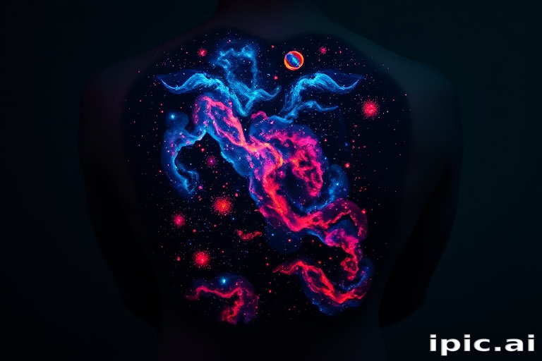 Cosmic blacklight tattoo revealing a hidden galaxy scene on the back when exposed to UV light, with glowing nebulas and shimmering stars