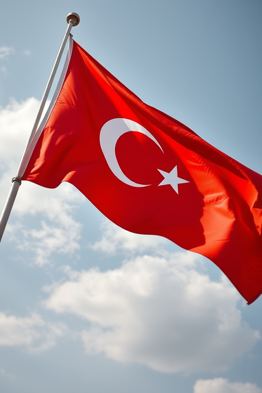 Create a high-resolution image of the Turkish flag waving in the wind, using a DSLR camera with a 50mm lens, aperture set to f/2.8, ISO 100, and a shutter speed of 1/400s, shot from a low angle for a dramatic effect and vibrant colors.