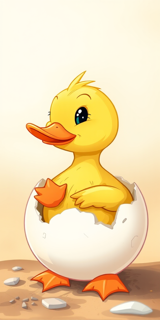 Create a high-resolution illustration of a cartoon duckling hatching from a cracked egg, using a DSLR camera with 50mm lens, aperture f/2.8, shutter speed 1/125s, ISO 100, shot from a close-up angle for enhanced detail and vibrant colors.