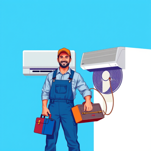 Create a high-resolution vector illustration of an HVAC technician wearing blue overalls and an orange cap, holding a toolbox in one hand and a coil of wire in the other, standing in front of a wall-mounted air conditioner, with a bright blue background, using digital illustration techniques in Adobe Illustrator, with a focus on clean lines and vibrant colors.