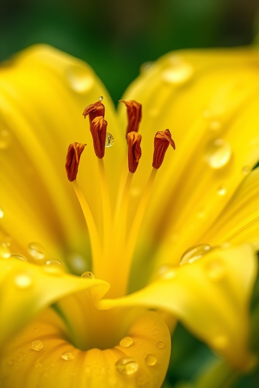 a close-up of a yellow lily flower with water droplets on its petals, soft-focus background, captured with a DSLR camera at f/2.8, ISO 100, 1/200 sec, using a macro lens to enhance details and texture