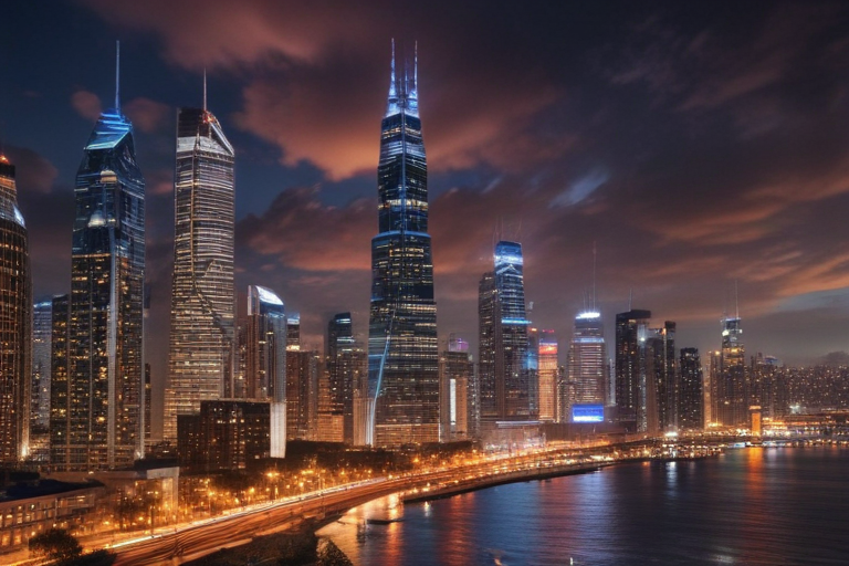 Stunning Night View of a Modern City Skyline Illuminated by Lights