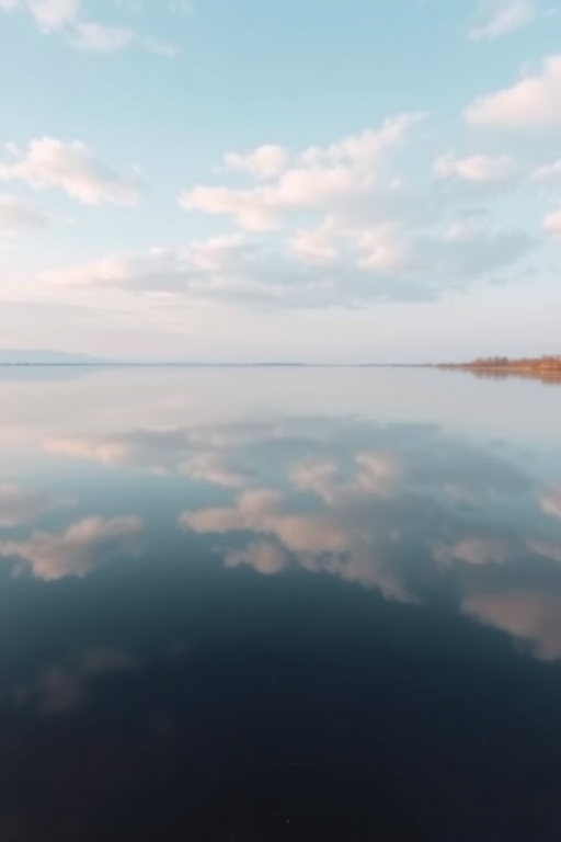 Create a high-resolution image of a minimalist landscape with a calm lake reflecting the sky, using a DSLR camera, 50mm lens, aperture f/2.8, ISO 100, with a wide-angle view, natural lighting, and a soft focus effect.
